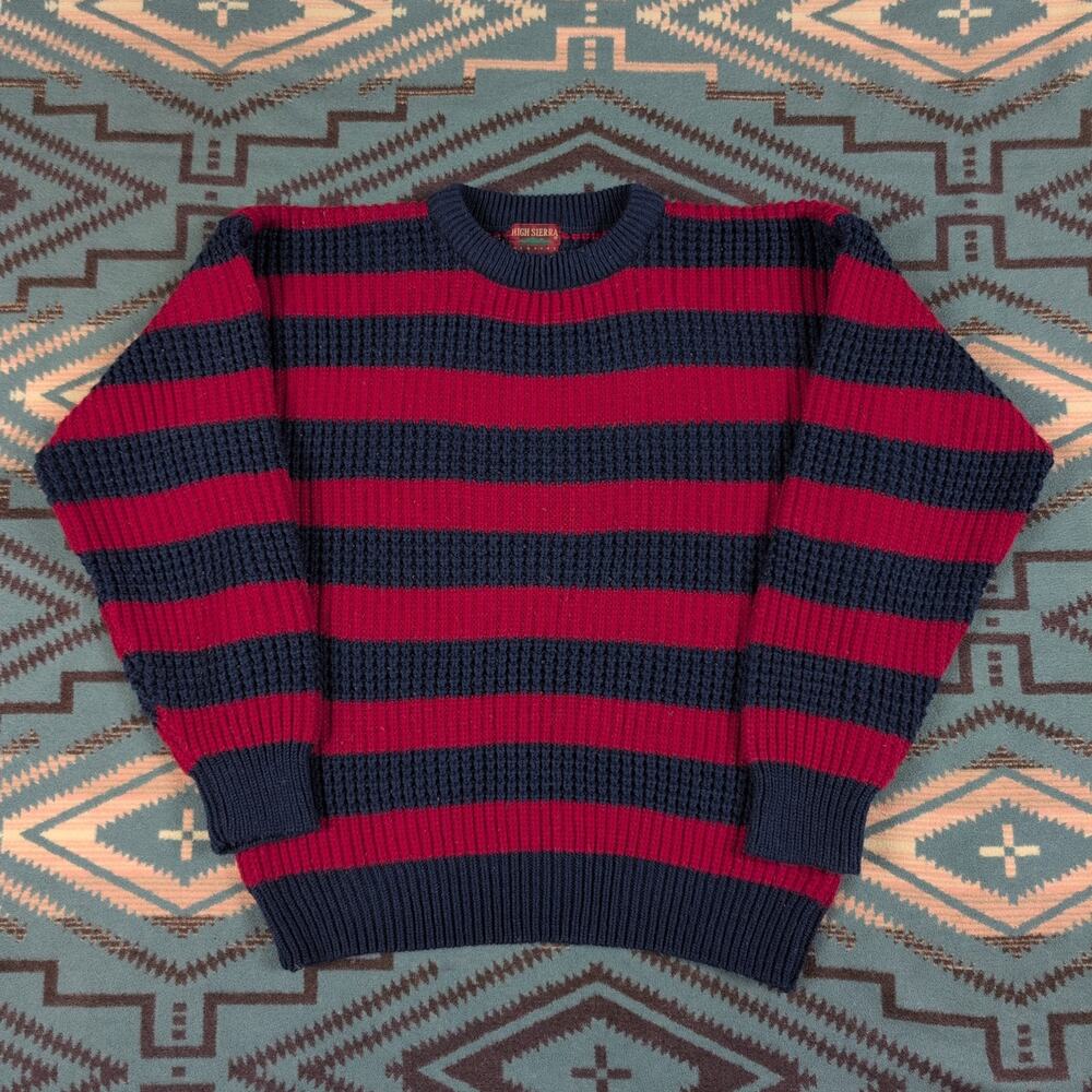Vintage High Sierra Mens Large Striped Knit Crewneck Sweater Blue & Red
